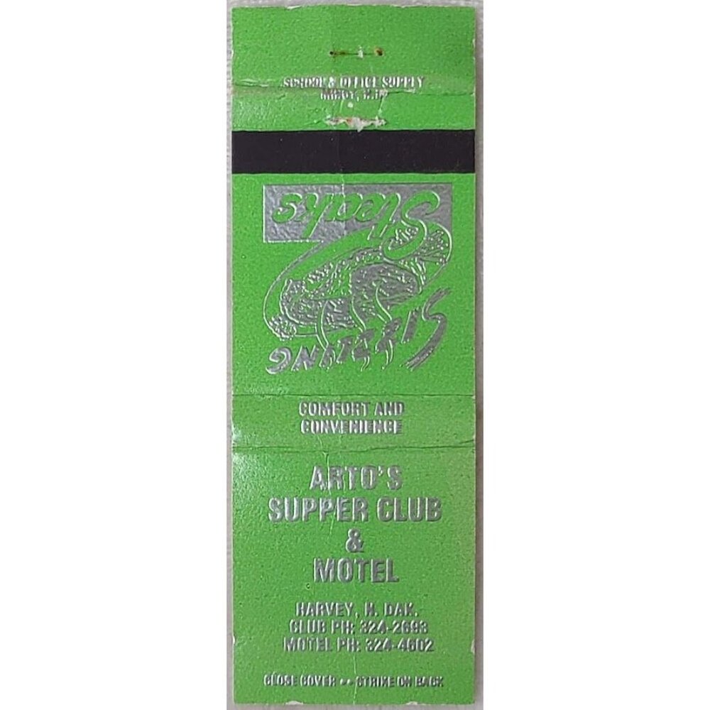 Vintage Matchbook Cover Arto's Supper Club & Motel Harvey ND North Dakota